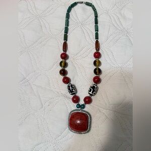 Bohemian Red Stone Pendant Necklace with Multicolor Beads